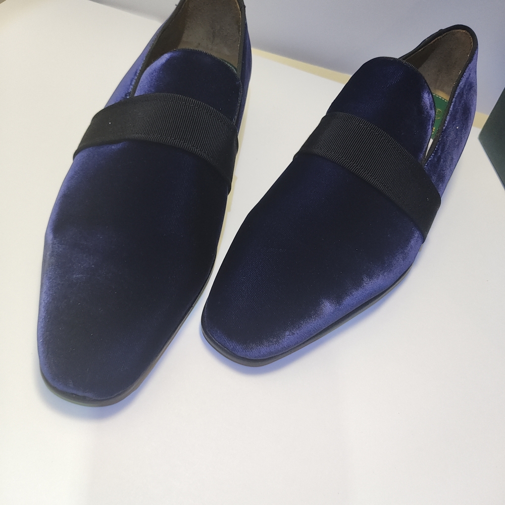 Men's Pastori Navy Velvet Slip-On Loafers with Black Band. Made In Italy